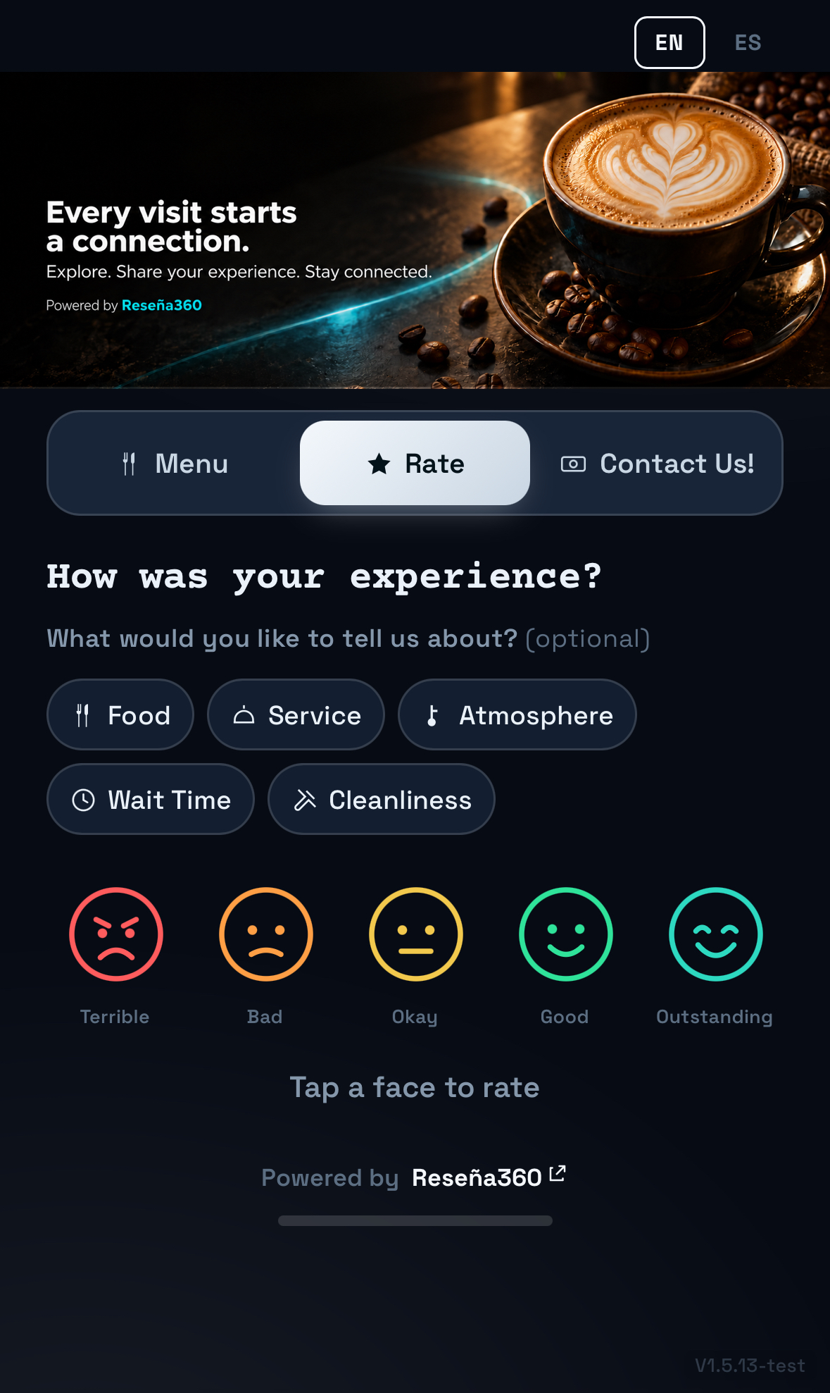 Actual MenuRate guest screen with coffee header, Menu, Rate and Contact Us tabs, feedback categories, and five rating faces